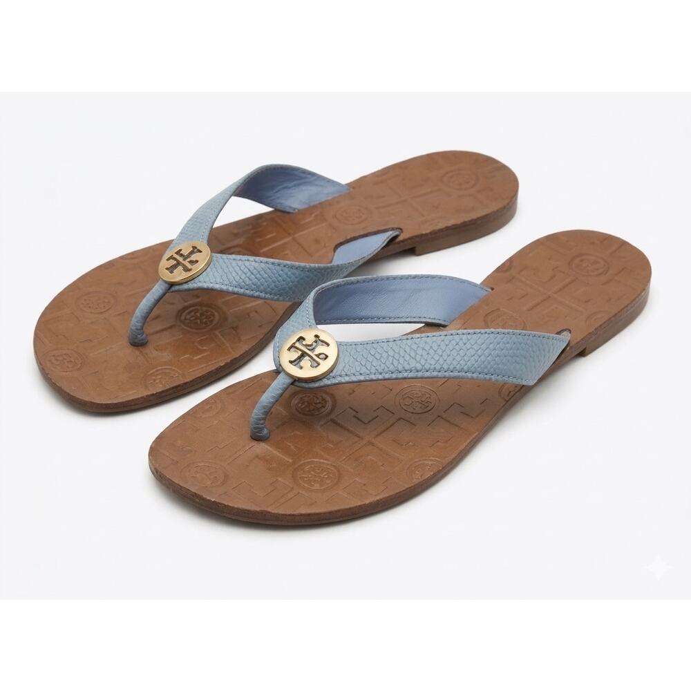 Tory Burch Thora Sandal 8M Chambray Blue Snake Leather Logo Thong Flip Flop Shoe